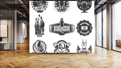 Radio labels. Retro radio, record studio, rock and roll radio em Wall mural