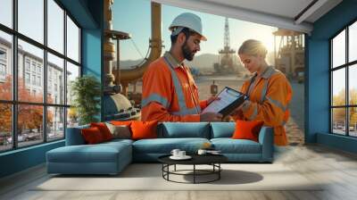 Two engineers wearing safety gear review plans on a tablet at a construction site, with machinery in the background. The scene highlights teamwork and precision in a busy industrial environment. Wall mural