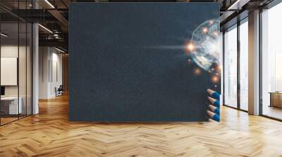 Pencil with glowing light bulb and futuristic brain icon. Self learning or education knowledge and business studying concept. Idea of learning or studying at home Wall mural