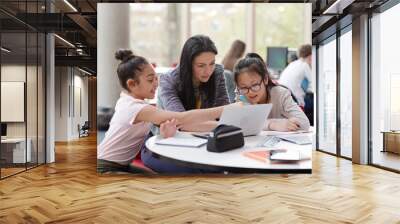 Female teacher and girl students using laptop at table Wall mural