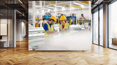 Portrait confident supervisors with digital tablet on platform in factory Wall mural