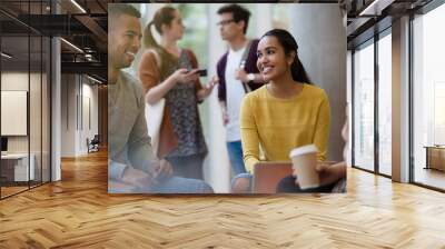 Smiling college students studying drinking coffee Wall mural