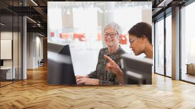 Women working at computers in adult education classroom Wall mural