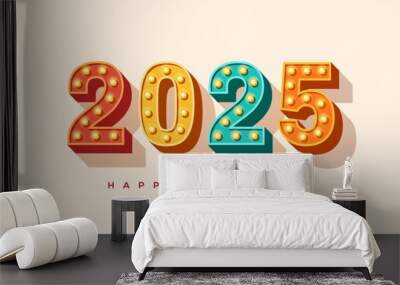 2025 Merry Christmas and Happy New Year retro logo, card banner with typography design. Vector illustration. Numbers of light bulbs font. Minimal invitation flyer, brochure voucher template. Wall mural