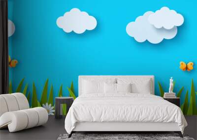 beautiful fluffy clouds on blue sky background, summer sun, butterfly, green grass lawn. seamless pa Wall mural