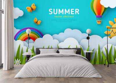 beautiful fluffy clouds on blue sky background, summer sun, butterfly, hot air balloons and rainbow. Wall mural