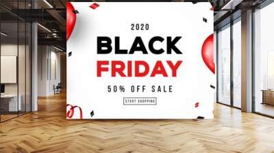 Black Friday Sale Horizontal Banner with Red and Black Shiny Balloons on White Background. Confetti and Place for text. Vector illustration. Wall mural