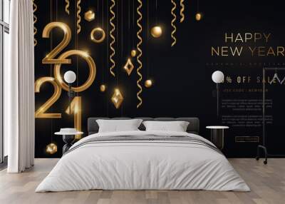 Christmas and New Year banner with hanging gold 3d baubles and 2021 numbers on black background. Vector illustration. Winter holiday geometric decorations and streamers. Place for text Wall mural