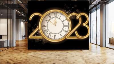 Gold Happy New Year 2023 logo with clock face and burst glitter sparkles on black background. Vector illustration. Merry Christmas template design for posters, flyers, brochures or vouchers Wall mural