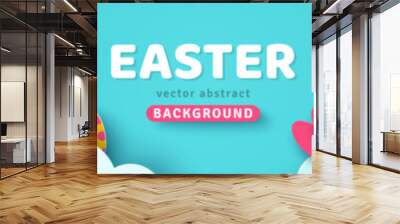 Happy Easter greeting card. Spring sale header voucher template, tulips and paper cut clouds, bunny rabbit and hidden eggs. Horizontal banner, border frame, promo card. Place for text. Wall mural