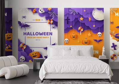 Happy Halloween party posters set with night clouds and pumpkins in paper cut style. Vector illustration. Full moon, witch cauldron, spiders web and flying bat. Place for text. Brochure background Wall mural