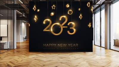 Happy New Year 2023 Header Banner, 3d Logo Greeting Card Gold Numbers, Border Frame on Black Background. Vector Illustration. Merry Christmas Flyer Poster Design, Holiday brochure voucher template. Wall mural