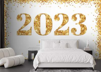 Happy New Year 2023 logo, Greeting Card with Gold Numbers and Confetti Frame on White Background. Vector Illustration. Merry Christmas Flyer Poster Design, Winter holiday brochure voucher template. Wall mural