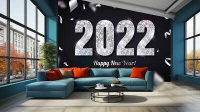 Happy New Year Banner with Silver 2022 Numbers on Black Background with Flying Confetti and Streamers. Vector illustration. Place for text. Poster card template Wall mural