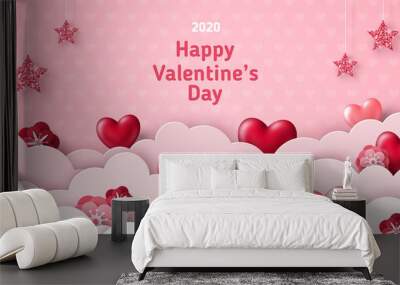 Happy Saint Valentine's day card, horizontal banner with paper cut clouds and holiday objects on pink background. Glittering hearts, stars and flowers. Place for text Wall mural