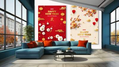 Posters Set for 2020 Chinese New Year. Hieroglyph translation - Rat. Vector illustration. Asian Clouds, Lanterns, Gold Pendant and Red Paper cut Flowers on Sakura Branches. Place for your Text. Wall mural