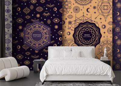 Posters Set with Sacred Geometry Forms, Space, Moon and Sun. Vector illustration. Retro Logo Emblem Design, Alchemy, Occult and Mystic Patterns Background. Esoteric Celestial Prints for Halloween. Wall mural