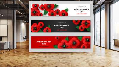 Remembrance Day horizontal banner set. Memorial Anzac card flyer, header or voucher template, paper cut poppy flowers border frame. Vector illustration. Craft floral design. Lest we forget, armistice Wall mural