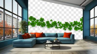 Saint Patrick's Day Border. Green flying clover leaves isolated on transparent background. Vector illustration. Spring decoration frame design Wall mural