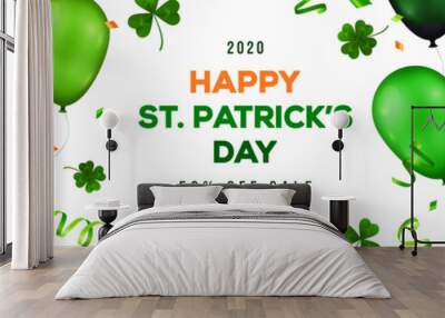 Saint Patrick's Day horizontal banner with irish colored balloons on white background. Confetti, clover and place for text. Vector illustration. Wall mural