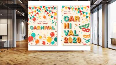 Set of 2020 Carnival cards or banners with typography design. Vector illustration with retro light bulbs font, streamers, confetti and hanging flag garlands. Place for text Wall mural