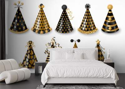 Set of gold and black party hats isolated on white background, New year and Carnival celebration elements. Vector illustration. Modern colored caps with patterns, funny holidays design Wall mural