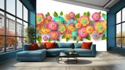 Spring seamless border with paper cut flowers and leaves isolated on white background. Bright colorful geometric forms. Vector illustration. Fresh design for posters, brochures or vouchers. Wall mural