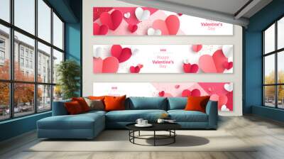 Valentine's day concept, horizontal banners. Vector illustration. 3d red and pink paper hearts frame. Cute love sale banner or greeting card Wall mural