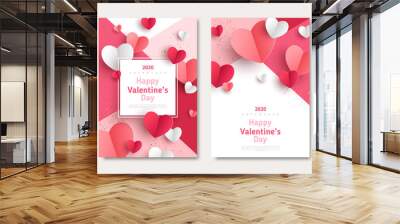 Valentine's day concept posters set. Vector illustration. 3d red and pink paper hearts with frame on geometric background. Cute love sale banners or greeting cards Wall mural