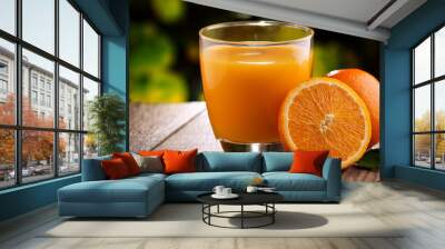 Orange juice in a glass , Fresh orange juice image Wall mural