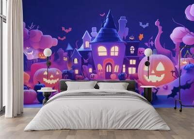 3d Halloween decorations with carved pumpkins at night. Blue, pink and purple colors Wall mural