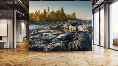 Beautiful panorama of a rocky shore. Nordic sunrise or sunset.  Scenic view Wall mural