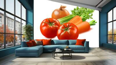 Celery, tomato, onion and carrot vegetables isolated on white background Wall mural