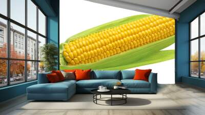 Corn cob with green leaves isolated on white background Wall mural