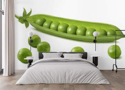 Fresh green pea pod with beans isolated on white background Wall mural