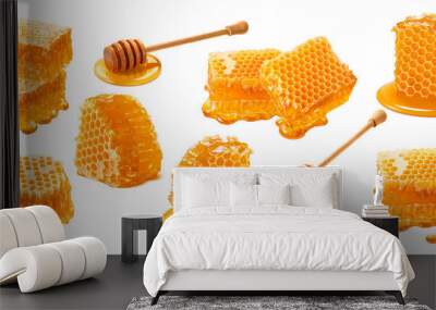 Honeycomb set isolated on white background. Wooden honey dippers Wall mural