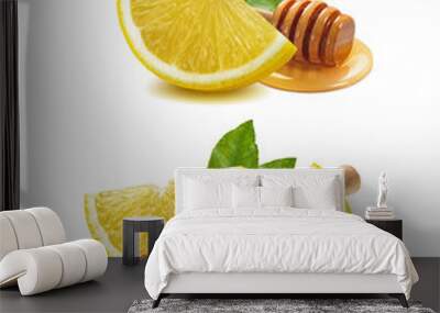 Lemon piece, honey dipper set isolated on white Wall mural