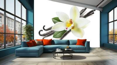 Many vanilla sticks, flower and leaves isolated Wall mural