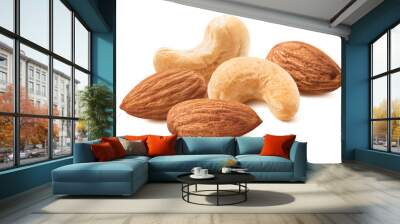 Roasted almond and cashew nuts isolated on white background Wall mural