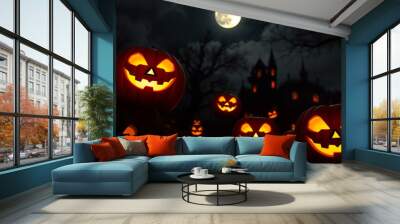 Jack O' Lanterns Glowing In Fantasy Night. Halloween Background  Wall mural