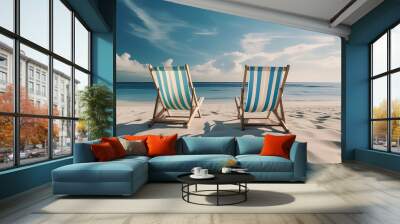 two empty deck chairs set up on a sandy beach in front of the ocean. Seashore landscape. AI generated Wall mural