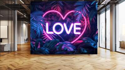 A neon sign with the word LOVE and a heart in a dark green tropical leaf. Bright pink and blue neon glow. Generative AI Wall mural