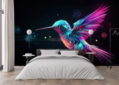 Big data visualization. Flight of a digital humming bird in neon colors. Information aesthetic design. Generative AI Wall mural