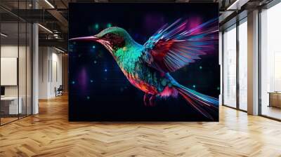 Big data visualization. Flight of a digital humming bird in neon colors. Information aesthetic design. Generative AI Wall mural