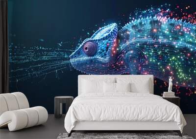 Digital chameleon in neon colors. Big data visualization. Information aesthetic design. Animal learning. Generative AI Wall mural