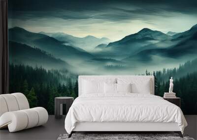 Evening dense foggy forest with high mountains in distance. Mysterious and atmospheric forest landscape. Generative AI Wall mural