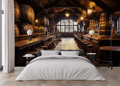 Professional photo of an old beer pub with beer barrels. The atmosphere of a traditional beer pub. Generative AI Wall mural