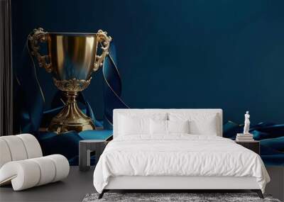 The cup with a shiny golden surface decorated with blue ribbons symbolizes victory and excellence. Generative AI Wall mural