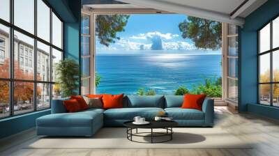 the open window of the villa offers a view of the sea. an idyllic picture of relaxation and tranquil Wall mural