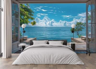 The open window of the villa offers a view of the sea. An idyllic picture of relaxation and tranquility. Generative AI Wall mural